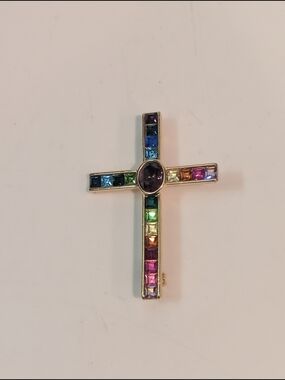 Vintage 1998 PSCO Gold Plated Multicolor Cross Brooch!